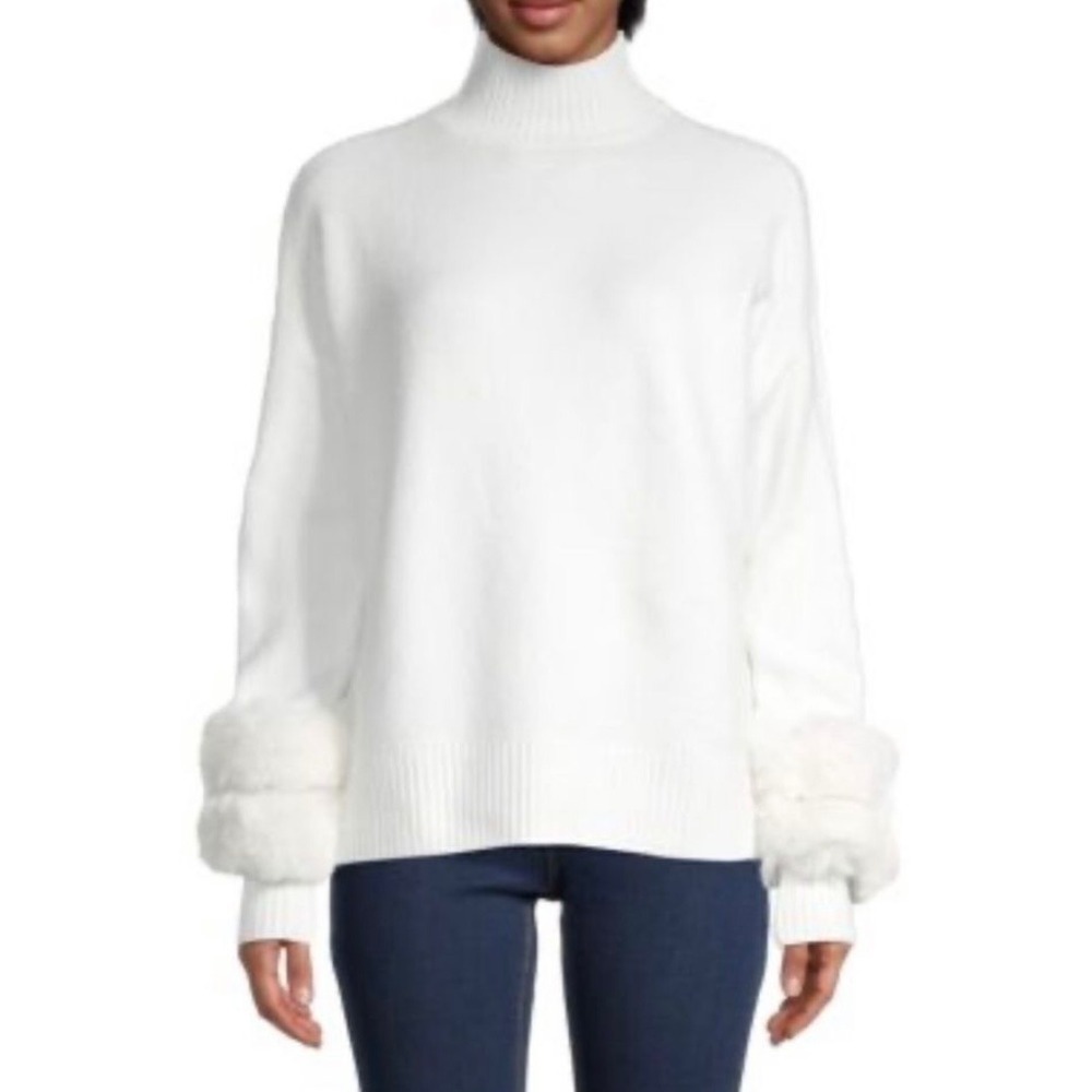 Saks Fifth Avenue Ivory Mock Neck Sweater with Faux Fur Cuffs White Small